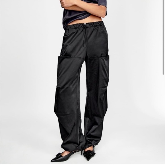Zara Black Satin Effect Parachute Drawstring Pants - Picture 5 of 15